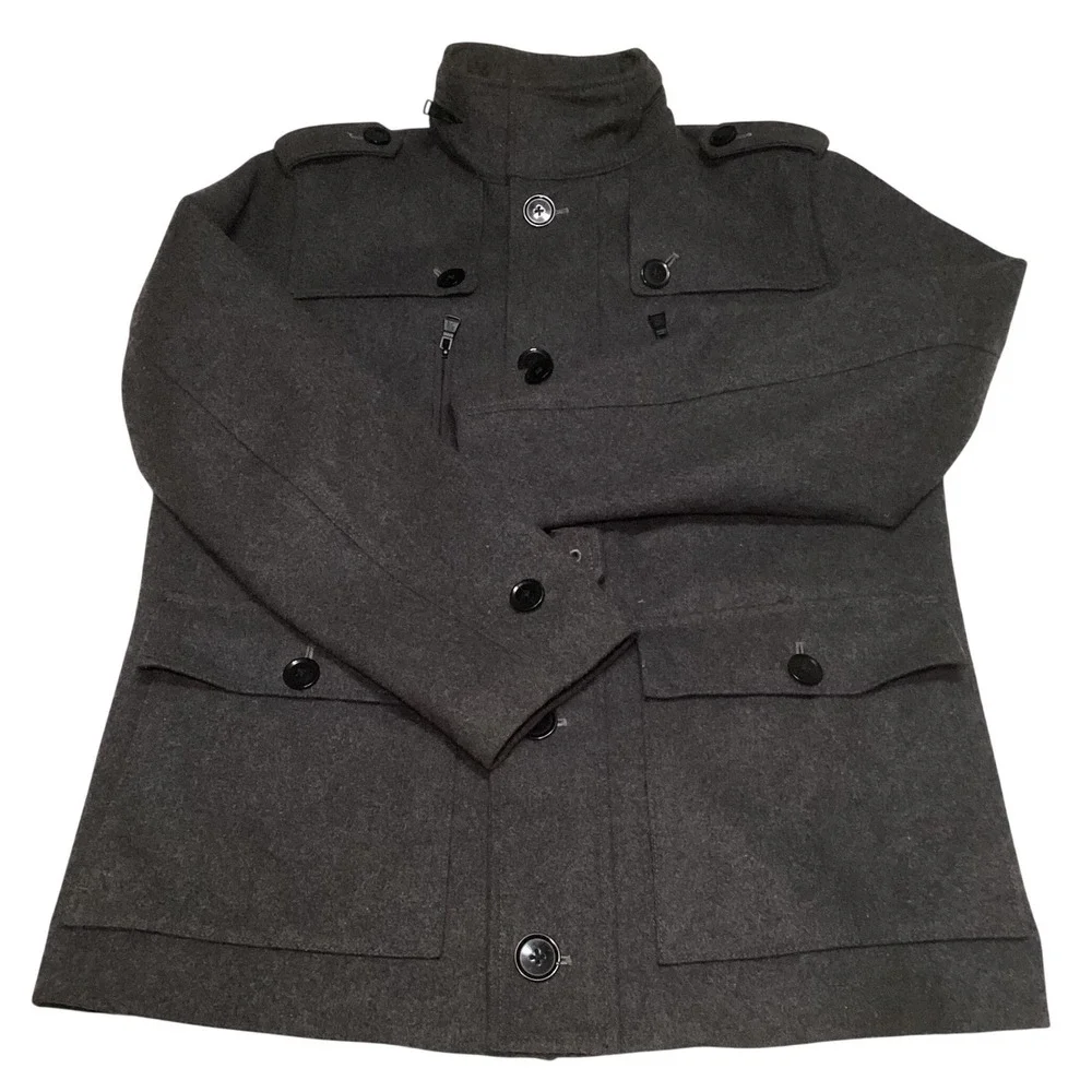 Express Mens Heather Grey Wool Blend Field Jacket Hooded Coat 37F3440 Size M